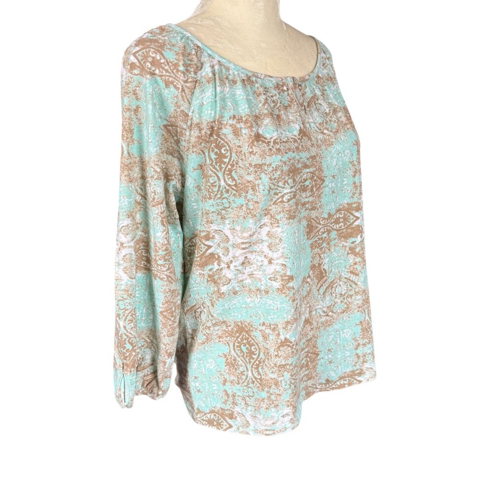 Hannah women's patterned pullover top 3/4 sleeve light teal and brown small - Picture 2 of 10